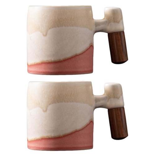 2-Oz Ceramic Espresso Cups with Wood Handle, 2/4-Piece Set for Coffee, Tea, Latte - Dishwasher Safe, Multi-Color & Wood Styles, Gift & Café Use (Kiln turning pink, Wooden Handle2) - color: Kiln turning pink, size: Wooden Handle2