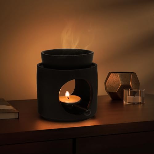 WD&CD Wax Melt Ceramic Oil Burner Black, Aroma Diffuser Essential Oil Burner Aromatherapy Wax Burner with Tealight Holder, Home Bedroom Decor - color: Black