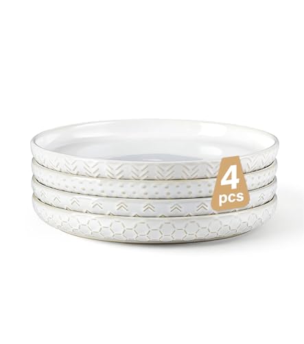 Lareina Salad Plates 8 Inch, Ceramic Plate Set for Kitchen, Embossed Serving Plate, Microwave Oven Dishwasher Safe, For Housewarming or Wedding, Scratch Resistant-Set of 4, Ivory White - size: 8 inch