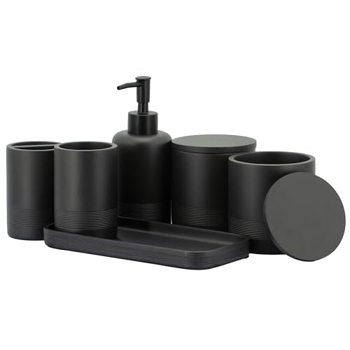 Black Matte Bathroom Accessories Set 6 Pieces - Toothbrush Holder, Lotion Dispenser, Qtip Container, Vanity Tray, Tumbler - Countertop Organizer for Bathrooms - Elegant and Functional Décor Set - color: Black Matte, size: 6pcs