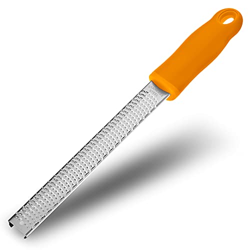 8-Inch Lemon Zester & Cheese Grater, 18/8 Stainless Steel, Orange | Fine 18/8 Stainless Steel Blade for Citrus, Parmesan, Ginger and Garlic, Soft Non-slip Handle, Cover, Dishwasher Safe - color: B-Orange