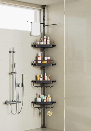XLHOMO 32-122inch Corner Shower Caddy Tension Pole Black, Rustproof Drill-Free Shower Shelves for Bathroom Bathtub Washbasin, Adjustable Shower Organizer with 4 Tier Patent Stable Shelves & Towel Bars - color: Black