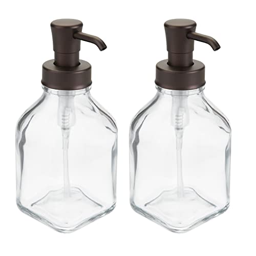 mDesign Square Glass Refillable Liquid Soap Dispenser Pump Bottle for Bathroom Vanity Countertop, Kitchen Sink - Holds Hand Soap, Dish Soap, Hand Sanitizer, Essential Oils - 2 Pack - Clear/Bronze - color: Clear/Bronze