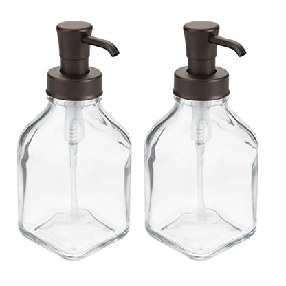 mDesign Square Glass Refillable Liquid Soap Dispenser Pump Bottle for Bathroom Vanity Countertop, Kitchen Sink - Holds Hand Soap, Dish Soap, Hand Sanitizer, Essential Oils - 2 Pack - Clear/Bronze - color: Clear/Bronze