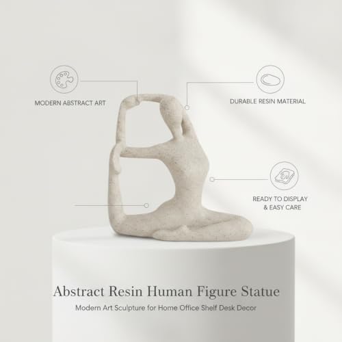 Modern Abstract Resin Human Figure Sculpture, Beige Minimalist Art Statue for Home Office Desk Shelf Decor - size: 8.66 x 3.94 x 11.02 in