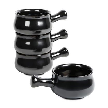 vicrays French Onion Soup Bowls With Handles, 26 Ounce for Soup, Chili, Beef Stew, Chip Resistant, Dishwasher Microwave Safe, Set of 4 (Black) - color: Black