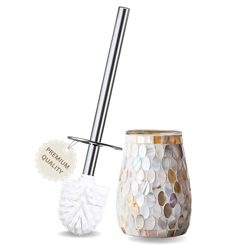 Natural Shell Toilet Brush and Holder Set – Handcrafted Mother of Pearl Mosaic Glass Holder, 304 Rust-Resistant Stainless Steel Toilet Bowl Brush – Decorative Luxury Coastal Bathroom Accessory - color: Natural Shell