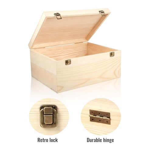 Large Unfinished Wooden Box 2 Pack Hinged Lid Pine Wood | 14x10.4x6.5/12x9x4.9 Inch, Storage Chests, Unpainted Crafts Organizer, 2 Sizes Boxes, For DIY Arts Gifts Jewelry Keepsake
