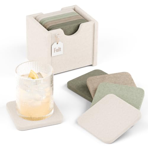 Fluxynara Felt Coasters with Holder, Set of 8 for Drinks, Linen Dusk | Square Felt Coasters, Absorbent, Heat-Resistant & Reusable for Drinks, Ideal for Coffee Tables and Living Rooms, 3.94 Inch - color: Linen Dusk, size: Square - 8 Count