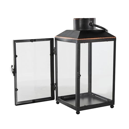 Deco 79 Metal Modern Candle Lantern with Gold Accents, 8" x 7" x 14", Black - size: 8" x 7" x 14