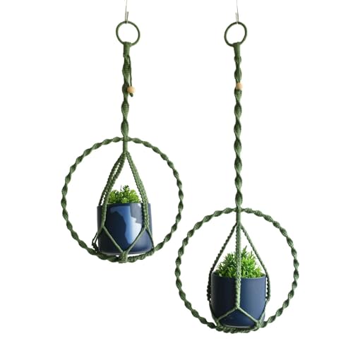 2-Pack Handcraft Plant Hanger with Circular Ring, Hobo Art Planter Holder for Window, Macrame Plant Hanging Round, 2 Size 11.8"*23.6, 11.8 * 31.5", Green Color （No Pot and Plant Included - color: Green