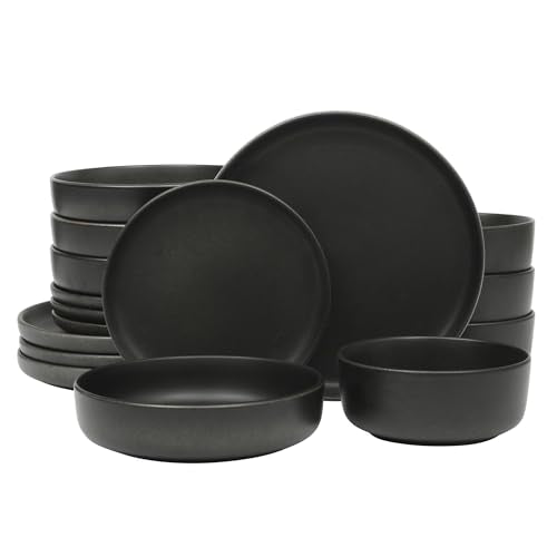 Gibson Elite Pasco 16 Piece (Service for 4) Plates and Bowls Double Bowl Reactive Glaze Dishes Stoneware Ceramic Dinnerware Set - Black - color: Black (Pasco), size: Service for 4 (16pcs)