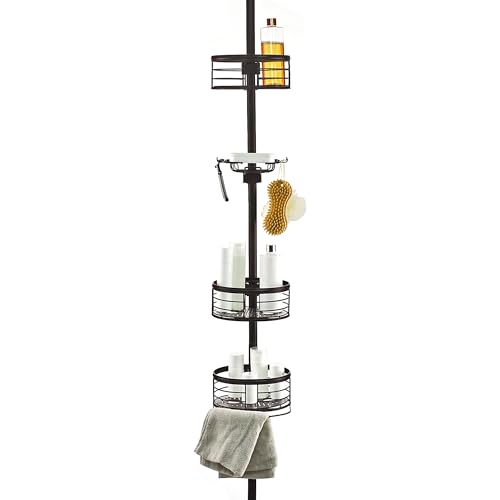 Tension Pole Shower Caddy Corner Organizer, Adjustable Standing Shower Caddy with 3 Removable Baskets and Hooks, Rust Resistant Tension Rod Organizer, 60.5 to 108 Inch, Oil Rubbed Bronze