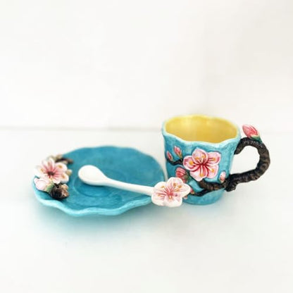 Ceramic Apricot Blossom Coffee Mug and Saucer set with Spoon,3D Handmade and Hand-painted Tea Mug, 6OZ