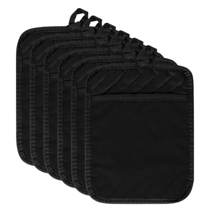 R HORSE 6Pcs Black Pot Holders with Pocket for Kitchen, 7''x 9'' | Cotton Potholders, Heat Resistant Oven Mitts, Non-slip Terry Cloth Trivet, Ideal for Baking Cooking, Machine Wash - color: Black