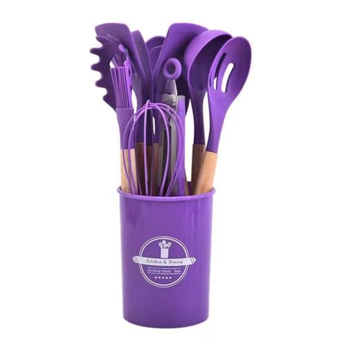 12 PCS Silicone Kitchen Utensils Set with Wooden Handle, Non-Stick Heat Resistant Cooking Tools with Holder, BPA-Free Kitchen Gadgets for Cookware, Multicolor