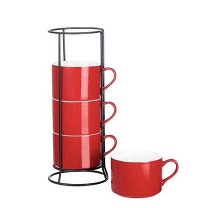 10oz Porcelain Stackable Coffee Mugs and Metal Stand Set of 4, Espresso Cups Set for Hot Drinks, Cappuccino, Tea-Red - color: Red