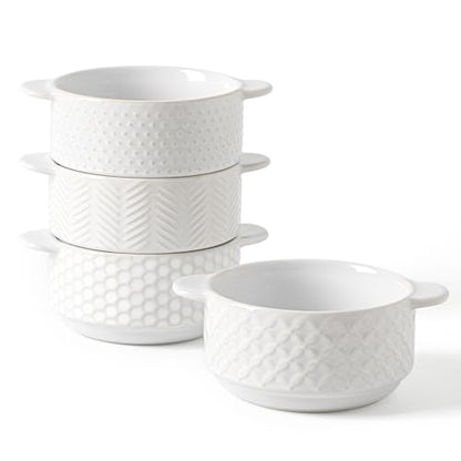 FOBENTA Soup Bowls with Handles, 20oz Embossed Ceramic Bowl Set of 4 – Oven & Microwave Safe, Ideal for Stew, Chili, Cereal – Textured Deep Bowls for Everyday Comfort - size: 20 OZ-Dual Handles