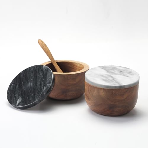jalz jalz Acacia Wood Salt Cellar with black Marble Lid, 10oz Pinch Pot & Spoon - color: Black Cover Natural Base