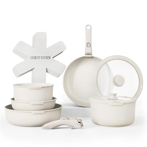 Country Kitchen Cookware Set with Removable Handle, Oven & RV Safe Pots and Pans Set, Cream, Original - color: Cream, size: Original