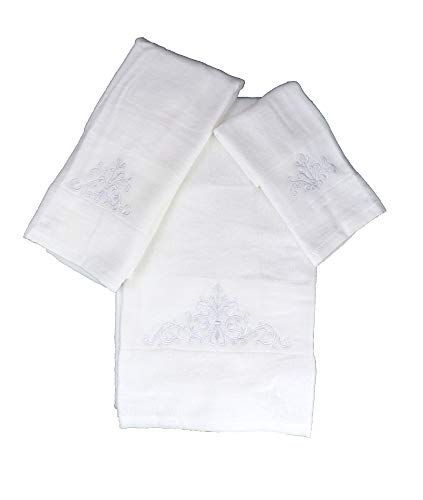 Marina Decoration Premium Luxury Decor Ultra Soft 100% Cotton Embroidered Bathroom Modern 3 Piece Towel Set, White Blazon with White Base Pattern - color: White Blazon With White Base