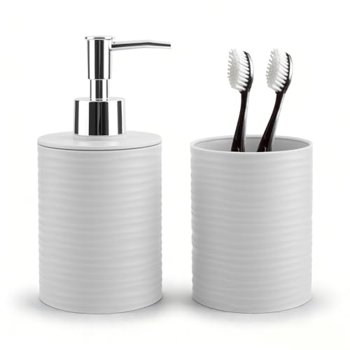 RRM Bathroom Accessory Set, Grey Bathroom Set for Modern Bathroom Decor | Includes Soap Dispenser and Toothbrush Holder, Boho Bathroom Decor - color: Grey