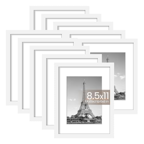 upsimples 8.5x11 Picture Frame Set of 10, Display Pictures 6x8 with Mat or 8.5x11 Without, Multi Photo Frames Collage for Wall or Tabletop Display, White | Fit 6x8 Photos and 8.5x11 Certificate, Wall or Tabletop Display, For Gallery Hallway Living Room, F