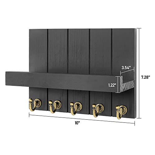 Rebee Vision Key Holder for Wall Set : 10'' Key Rack with 5 Metal Hooks and 13'' Mail Organizer Basket with 6 Key Hooks, Wooden Key Hanger with Mounting Hardware for Bags, Coats, Letters - Black