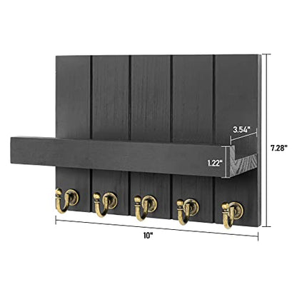 Rebee Vision Key Holder for Wall Set : 10'' Key Rack with 5 Metal Hooks and 13'' Mail Organizer Basket with 6 Key Hooks, Wooden Key Hanger with Mounting Hardware for Bags, Coats, Letters - Black