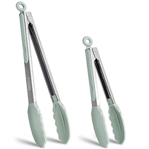 Tongs for Cooking, Stainless Steel Kitchen Tongs with Silicone Tips | 600ºF High Heat-Resistant, Non Scratch, Locking Tong for BBQ Grilling Air Fryer Food Salads, Set of 2 (9" and 12") Sage Green - color: Light Green, size: 9 + 12 inches