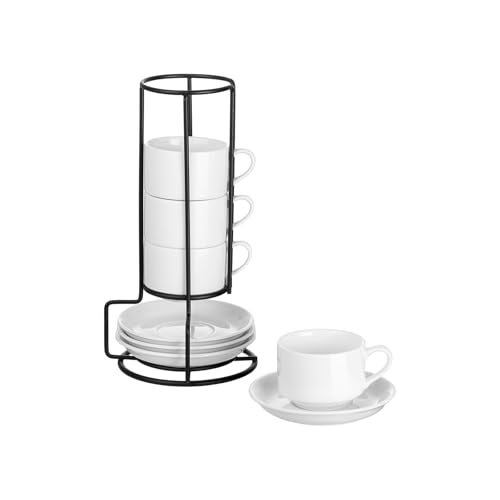 YOLIFE 2.5oz Espresso Cups, Stackable Espresso Cups Set of 4 | Porcelain Espresso Cup with Saucers and Metal Stand, Expresso Shots Cup -White - color: White, size: 2.5oz