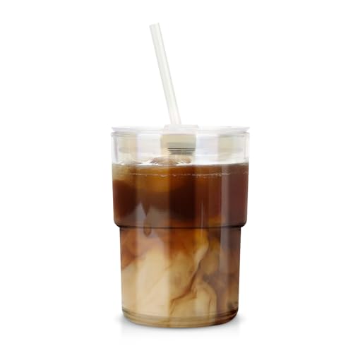 Luxfuel 13 oz Glass Cups with Lids and Straws Reusable Iced Coffee Tumbler | Leak-Proof Thick Wall Travel Glass Coffee Cup for Iced Tea, Water, Office, Cup Holder Friendly, BPA Free (Shimmer,1 Pack) - color: Iridescent Shimmer-1 Pack, size: 13 Ounces