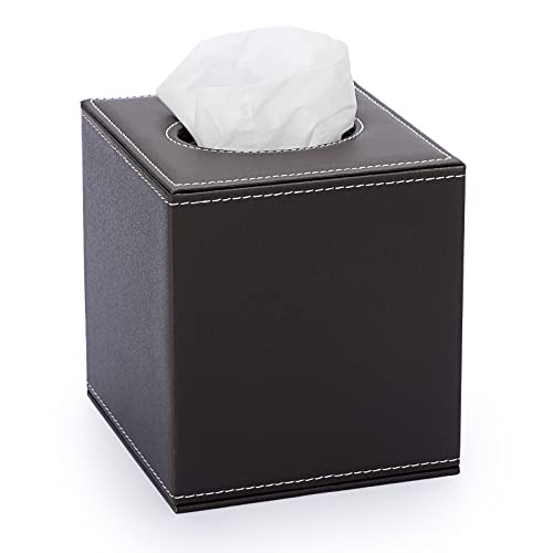 Sumnacon Square Leather Tissue Box Cover - Stylish Cube Tissue Box Holder with Magnetic Bottom, Decorative PU Tissue Box for Vanity Dresser Night Stand Table Countertop Home Office Car, Brown - color: Brown