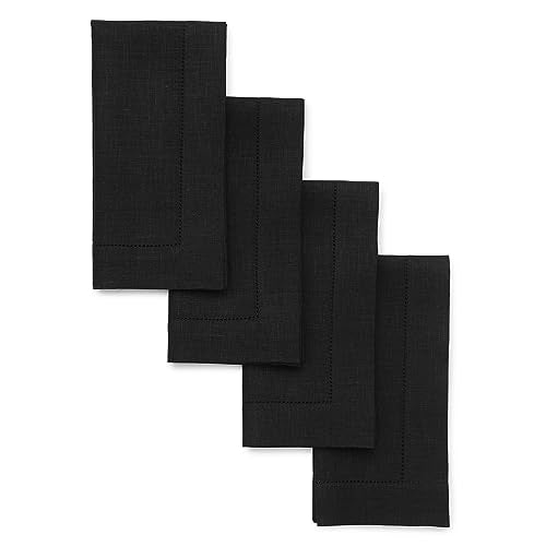 Solino Home 100% Pure Linen Napkins Black Hemstitch, 20 x 20 in, Set of 4 | Classic Hemstitch Cloth Napkins for everyday meals and hosting, hand hemstitched borders, artisan crafted, OEKO-TEX Certified - color: 06: Black, size: 20" x 20" (Set of 4)