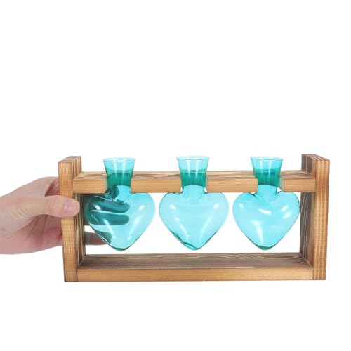 NUOBESTY Plant Propagation Station with Wood Stand Heart Shaped Glass Propagation Vase Set Hydroponic Plant Terrarium for Cuttings Desktop Home Office Garden Decor