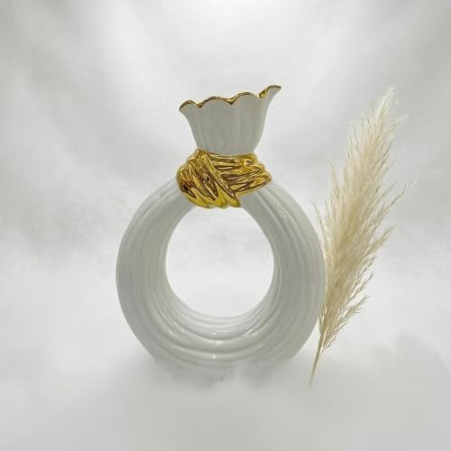 Circular Shaped Ceramic Vase White Glazed Ribbed Ceramic Vase Table Decoration for Tabletop, Floral Display, L 21.5cm W 7.5cm H 28cm - size: L 21.5cm W 7.5cm H 28cm