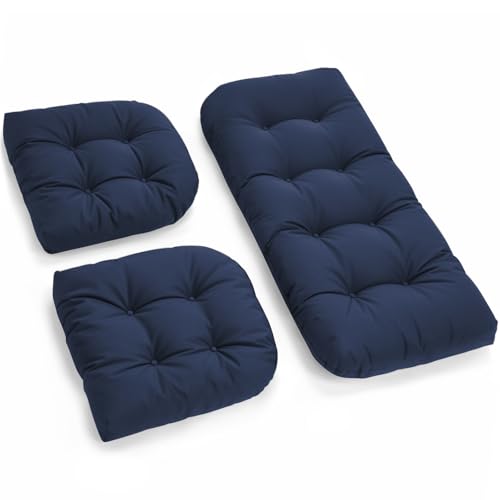 All Weather 3 Pieces Wicker Chair Cushions, Waterproof Outdoor Wicker Chair Cushion for Patio Furniture Loveseat Settee Bench, 1 Loveseat and 2 U-Shaped Thickened Cushions, Navy - color: Navy