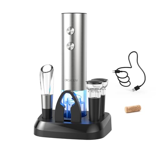 CIRCLE JOY Electric Wine Opener Stainless Steel Rechargeable Automatic Wine Bottle Opener Set 7-in-1 Wine Gifts for Wine Lovers with Charging Base, Foil Cutter, Wine Aerator Pourer & 2 Vacuum Stoppers - color: 7-in-1 Silver