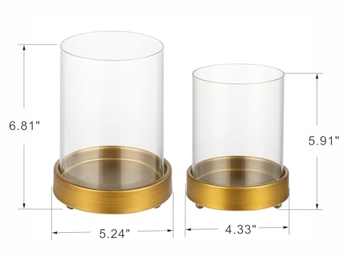 Set of 2 Glass Hurricane Candle Holders for Pillars with Minimalism Metal Base in Antique Brass, Glass Candle Holder, Centerpiece, for Weddings, Dinner Parties, Dining Tables, Console Tables, Mantels - color: Antique Brass