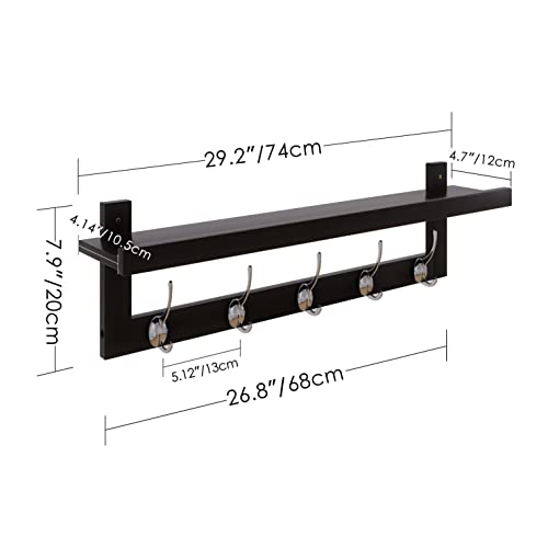 SMIBUY Coat Hooks with Shelf Wall-Mounted, 29.2 Inch Entryway Coat Rack for Wall, Bamboo Hanging Shelf with 5 Double Metal Hooks for Bathroom, Bedroom, Kitchen, Living Room, Mudroom (Black+Silver) - color: Black+Silver