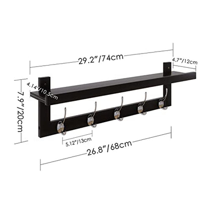 SMIBUY Coat Hooks with Shelf Wall-Mounted, 29.2 Inch Entryway Coat Rack for Wall, Bamboo Hanging Shelf with 5 Double Metal Hooks for Bathroom, Bedroom, Kitchen, Living Room, Mudroom (Black+Silver) - color: Black+Silver