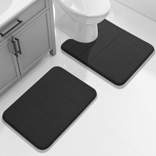 Yimobra U-Shaped Toilet Bath Mat Set 2 Piece - Super Soft Absorbent Quick Dry Memory Foam Bathroom Rugs, Machine Washable Non Slip Floor Carpet for Tub Shower & Single Sink (17x24 & 24x20, Black) - color: Black, size: 24x17+24x20 Inch