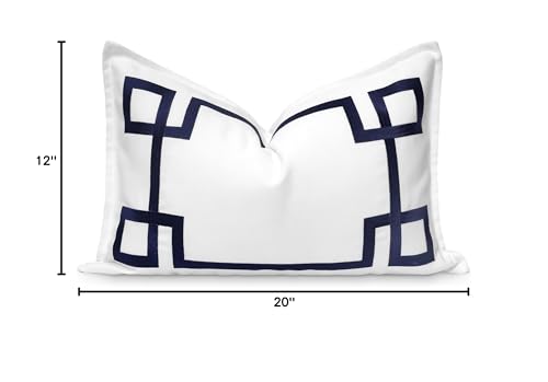 Hofdeco Premium Coastal Patio Indoor Outdoor Lumbar Pillow Cover Only, 12"x20" Water Repellent for Backyard, Couch, Navy Blue Embroidered Frame Greek Key - color: Navy Blue Frame Greek Key 12"x20"