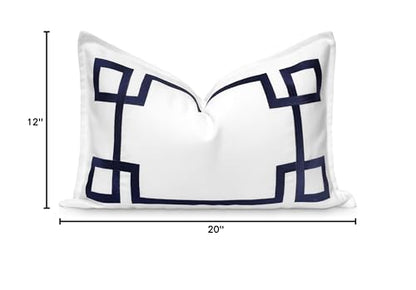 Hofdeco Premium Coastal Patio Indoor Outdoor Lumbar Pillow Cover Only, 12"x20" Water Repellent for Backyard, Couch, Navy Blue Embroidered Frame Greek Key - color: Navy Blue Frame Greek Key 12"x20"