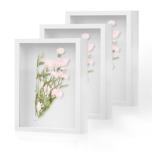 Shadow Box Frame 8x10 - 3 Pack Wood Deep Shadowbox with Glass Shadow Boxes Display Cases Suitable for Photos, Dried Flowers, Handicrafts Picture Frames for Wall (White) - size: 8x10-3pcs-white