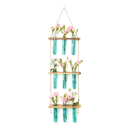 XXXFLOWER Wall Hanging Propagation Station with Wooden Stand Blue | 9 Test Tubes Vases Terrarium Kit, Hanging Planters for Indoor Plants, Wall Decor for Living Room Office - size: Blue-9 Tube Vase