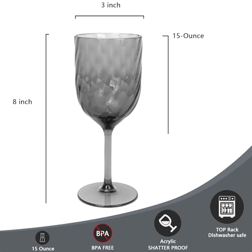 Yalin Set of 6 Unbreakable 15 oz Acrylic Plastic Wine and Water Tumbler Stackable Goblets. (Gray, 15 oz) - color: Gray, size: 15 oz