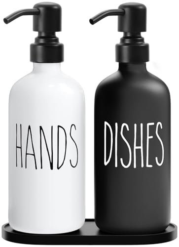 MOMEEMO Kitchen Soap Dispenser Set, Black & White | Contains Dish and Hand Soap Dispenser, Suitable for Farmhouse Kitchen Decor - color: H&d Black White With Tray