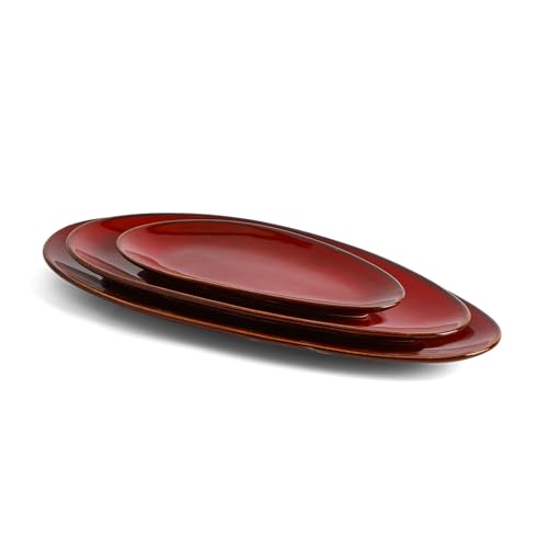 vicrays Large Oval Serving Platters, 16"/14"/10" Porcelain Serving Platters for Party, BBQ,Stackable Serving Trays Serving Plates for Appetizers, Sushi, Restaurant, Set of 3 (Cherry Red) - color: Cherry Red