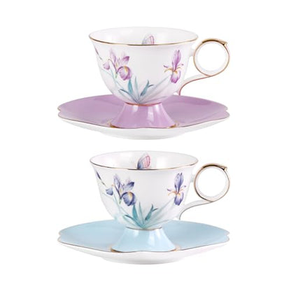 KAMMAK Ceramic Coffee Cups Saucers Set of 2, Porcelain Espresso Cups with Saucers, 8.45 oz Handcrafted Elegant Bone China Tea Cups, Iris Flower & Butterfly Pattern Teacup for Party, Office, Gift - color: Flying Summer Kite (Light Blue + Pink)